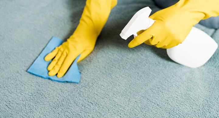 cleaning carpet with spray bottle and cloth