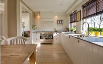 kitchen with white counters and wood floor