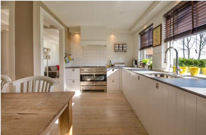 kitchen with white counters and wood floor