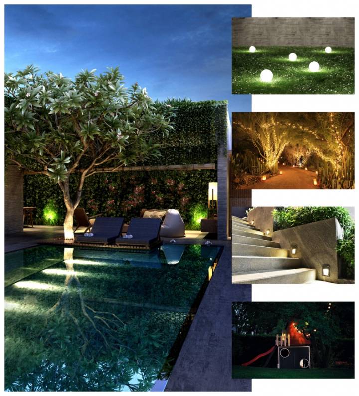 photos of various types of landscape lighting at night