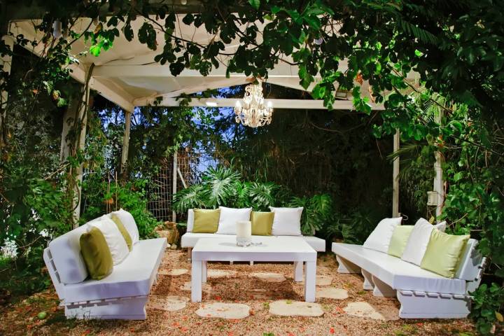 covered lighted patio with furniture and surrounded by trees