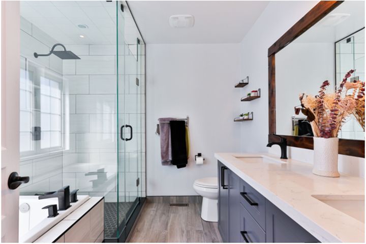 bathroom with glass shower cubicle and decoration