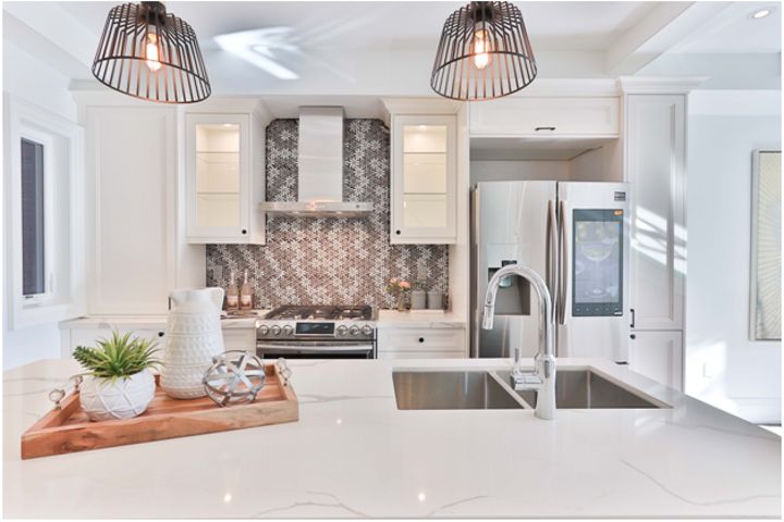 large kitchen with lamps and decorated