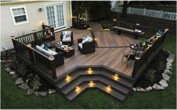 elevated view of a deck in the back of a house