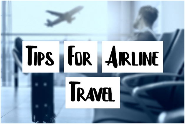 blurred image of man waiting at an airport with "tips for airline travel" overlaid