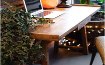work table with laptop and lava lamp and surrounded by plants