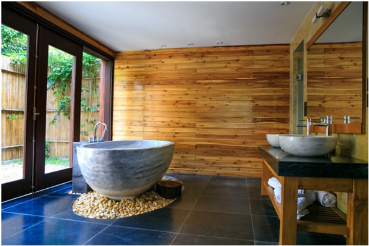 bathroom with modern fixtures and large window