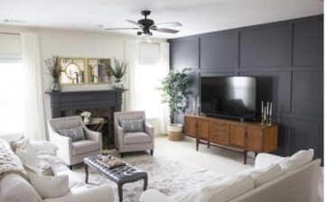 living room with white furniture and large TV