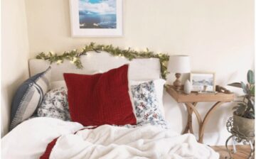 bed with pillows and decorations