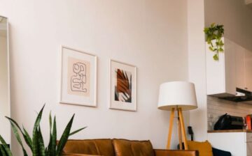 living room with brown sofa