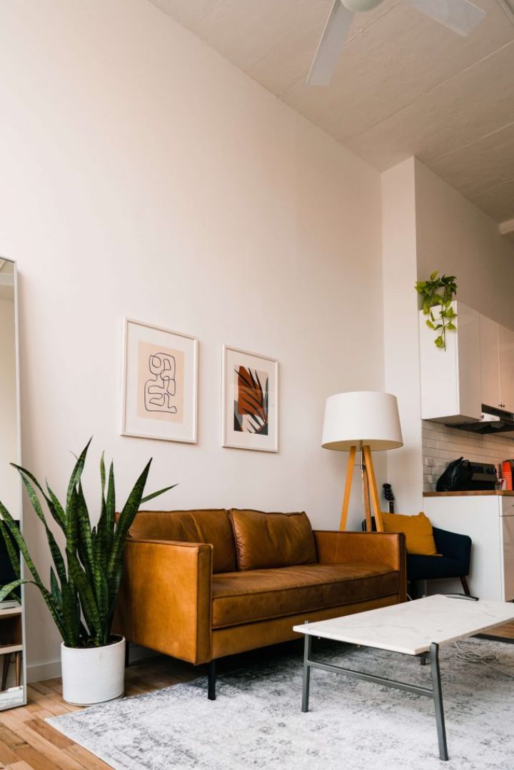 living room with brown sofa