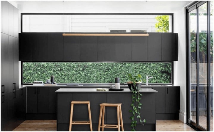 kitchen with dark gray counters and cabinets