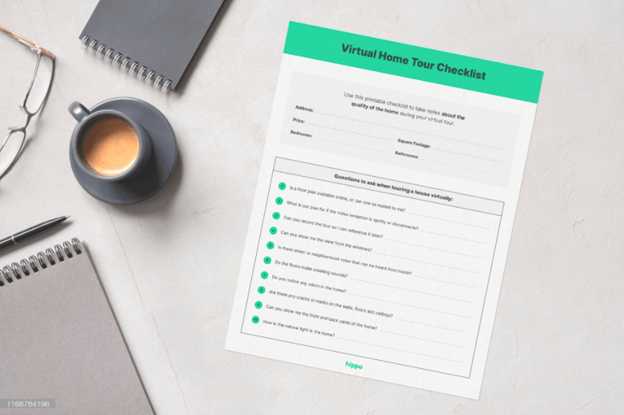 virtual home tour checklist with coffee cup and notebooks