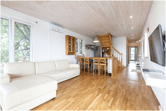 house living room and hallway with wooden floor