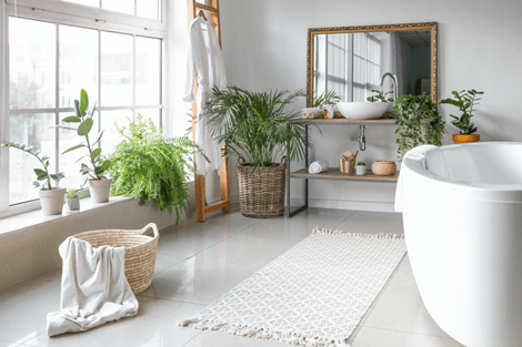 large bathroom with tub, mirror, and window