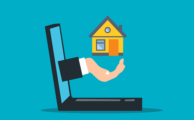 cartoon drawing of hand coming out of a laptop holding a house