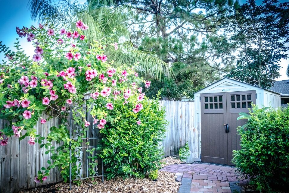 garden shed in backyard with paved walkway and flowers