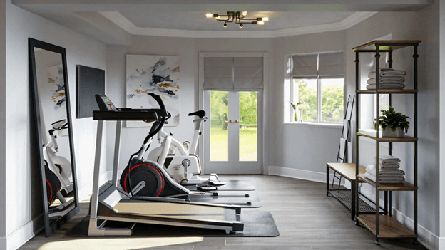 home gym with stationary bike, treadmill, and towel rack