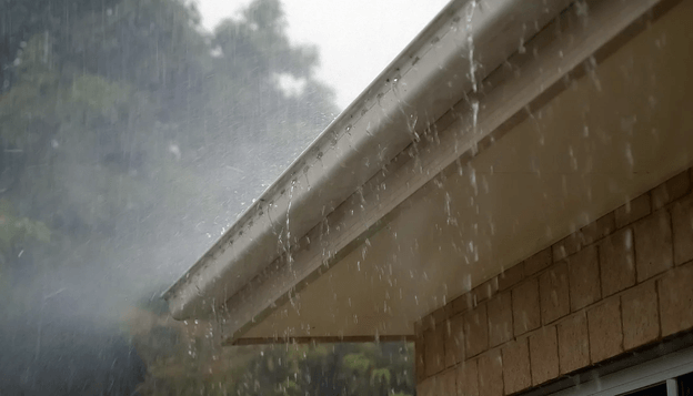 house's rain gutters during a rainstorm