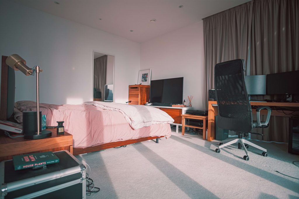 Cozy looking dorm room of a student who packed and moved himself