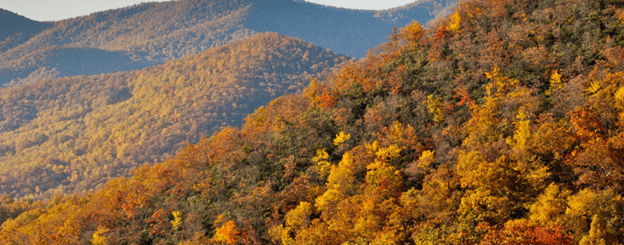 hills around Blairsville, GA showing fall foliage