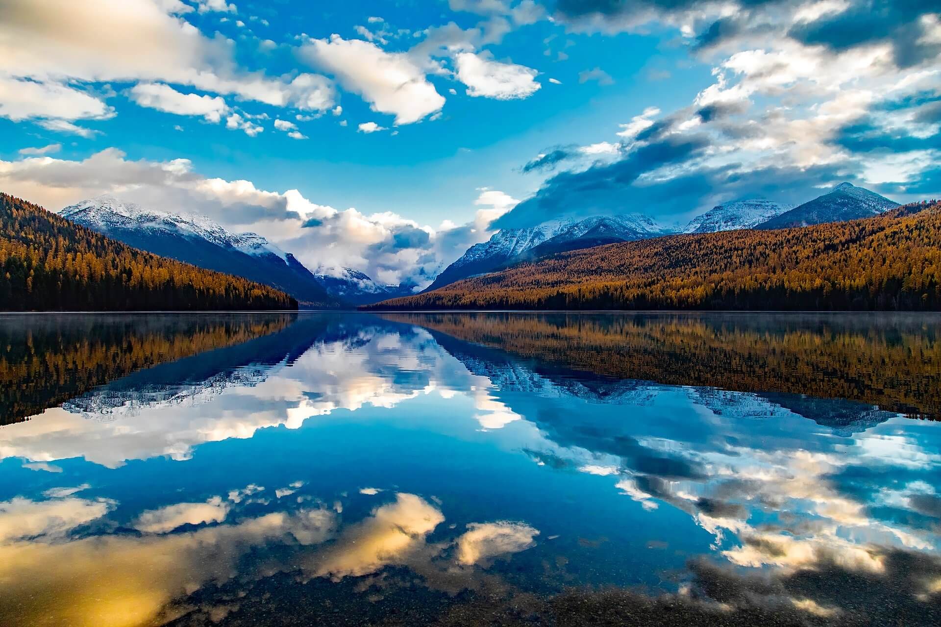 Lake MacDonald in Montana reflecting the sky and clouds