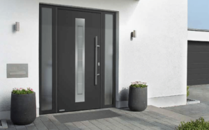 black metal front door with silver handle
