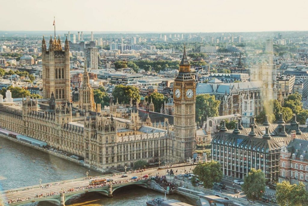 elevated view of Buckingham Palace and Thames River