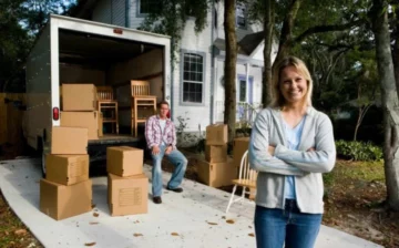 man seat with moving truck and moving boxes