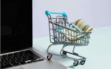 mini shopping cart with silver and computer