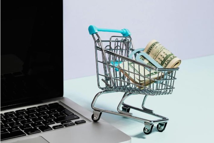 mini shopping cart with silver and computer