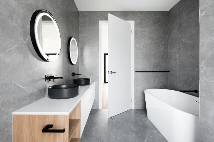 remodeled gray bathroom