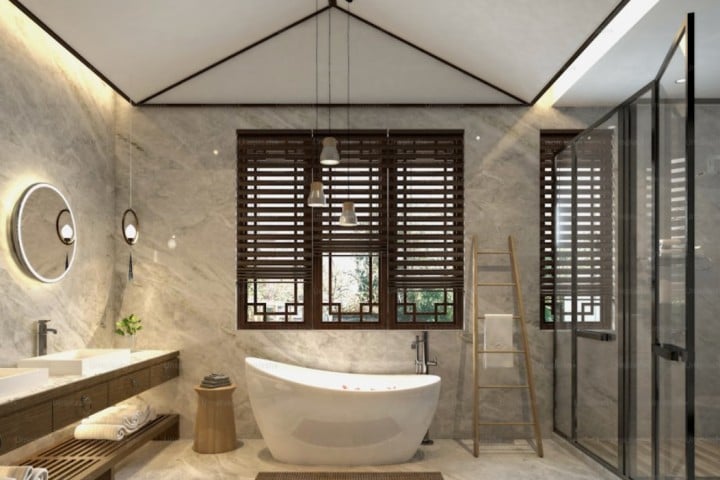 bathroom decorated with marble wall