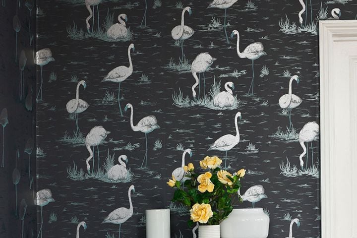 wall decorated with flamingo paper