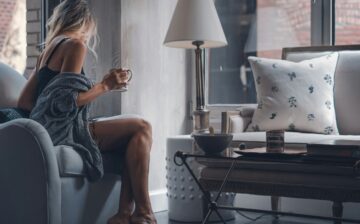 luxury bethroom with girl having coffee