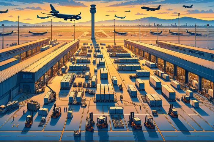 airport with airplanes and loading and unloading of containtes