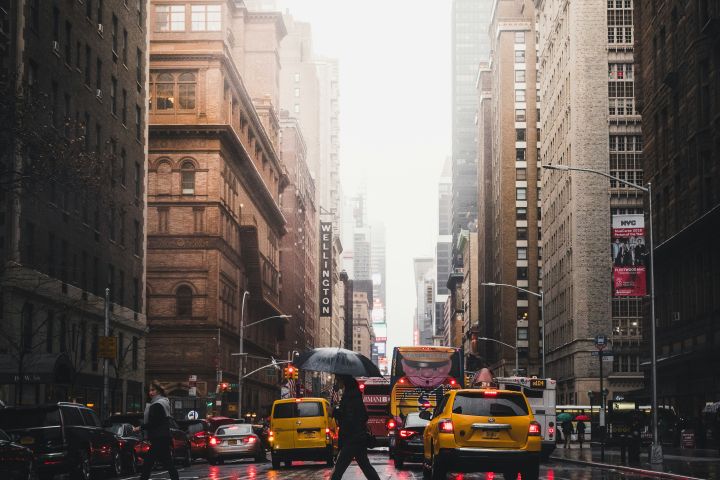 new york city with fog and rain