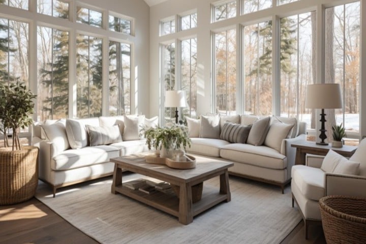 spacious house in a forest with large windows