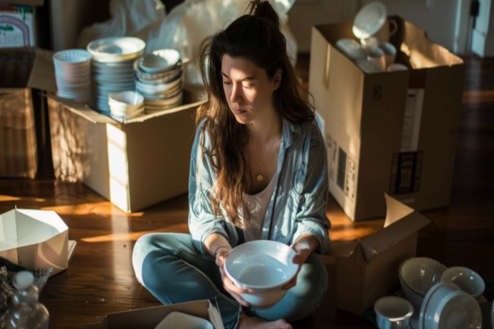 woman unpacking dishes in her new house