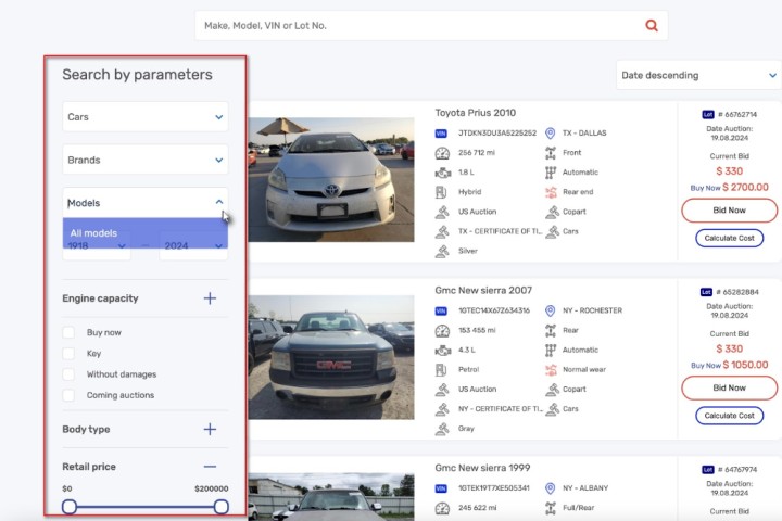 Search by parameters buying a car