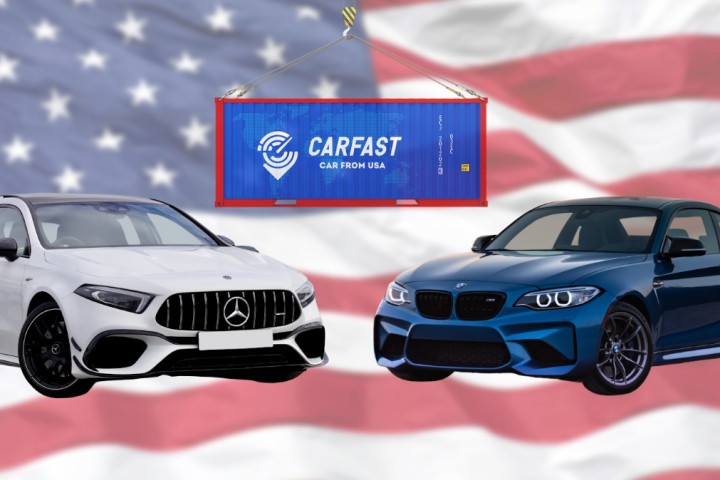 cars with american flag behind