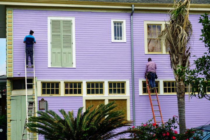 Exterior of house painted in lilac