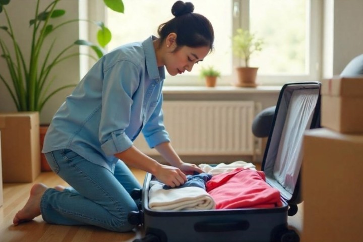 woman storing clothes in suitcase