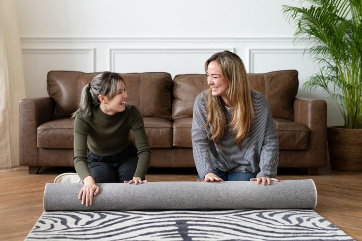 friends rolling up carpet
