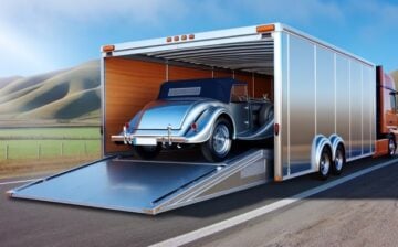 classic car inside a trailer