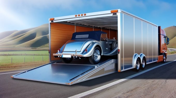 classic car inside a trailer