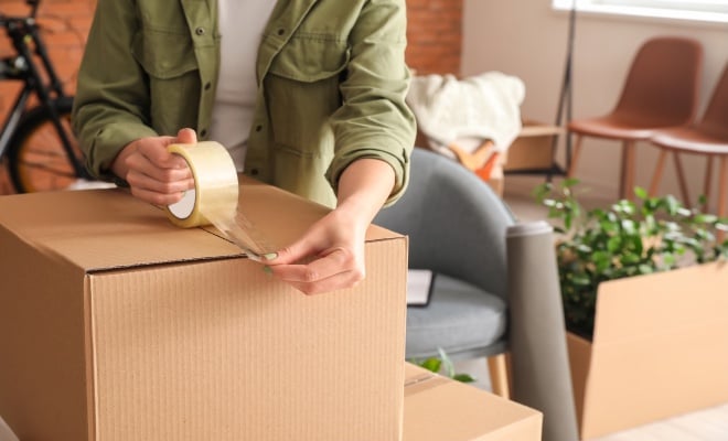 woman packs a box with tape