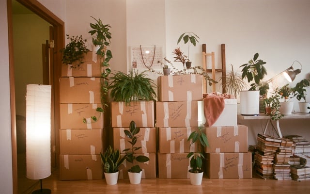 room full of packed moving boxes