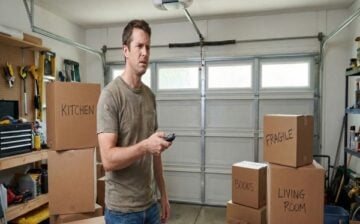 garage door and packed boxes